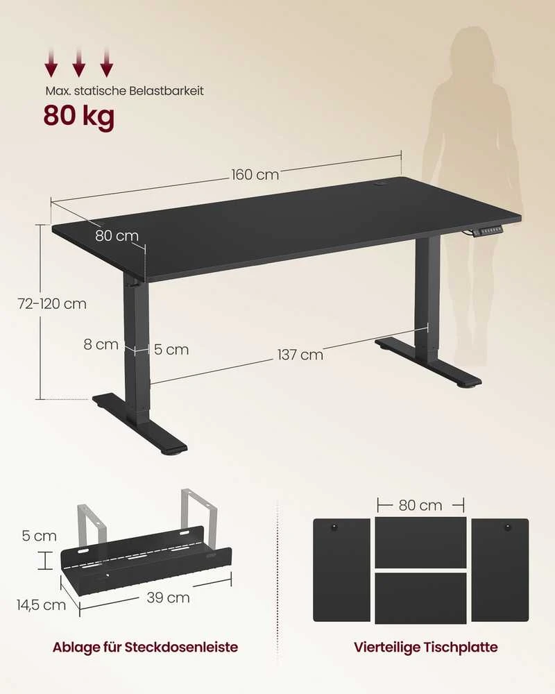 Vasagle Reguliuojamo aukščio stalas 160 × 80 x 72-120cm