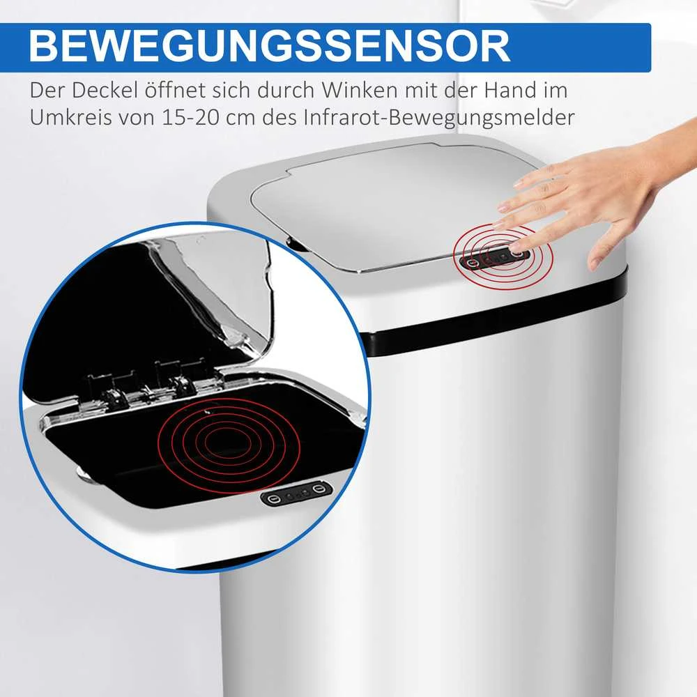 HOMCOM automatinė šiukšliadėžė su jutikliu, virtuvinė šiukšliadėžė iš nerūdijančio plieno, 50/68 l, sidabrinė (50 l)