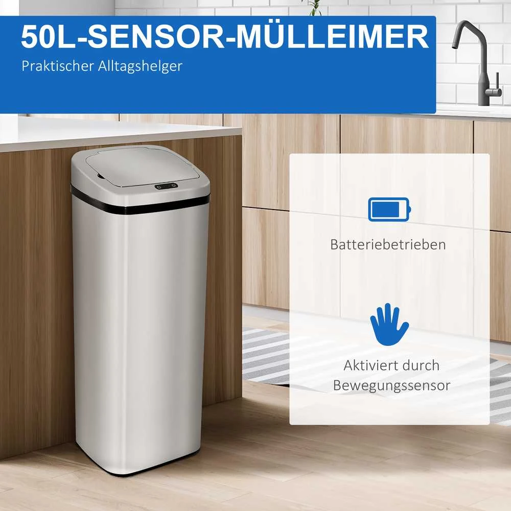 HOMCOM automatinė šiukšliadėžė su jutikliu, virtuvinė šiukšliadėžė iš nerūdijančio plieno, 50/68 l, sidabrinė (50 l)