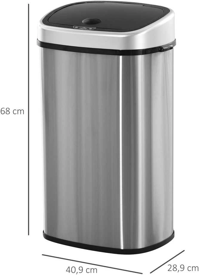 HOMCOM 58L šiukšliadėžė, automatinė su infraraudonųjų spindulių jutikliu, higieniška, didelė, nerūdijantis plienas, sidabrinė, I40,9xP28,9xA68 cm