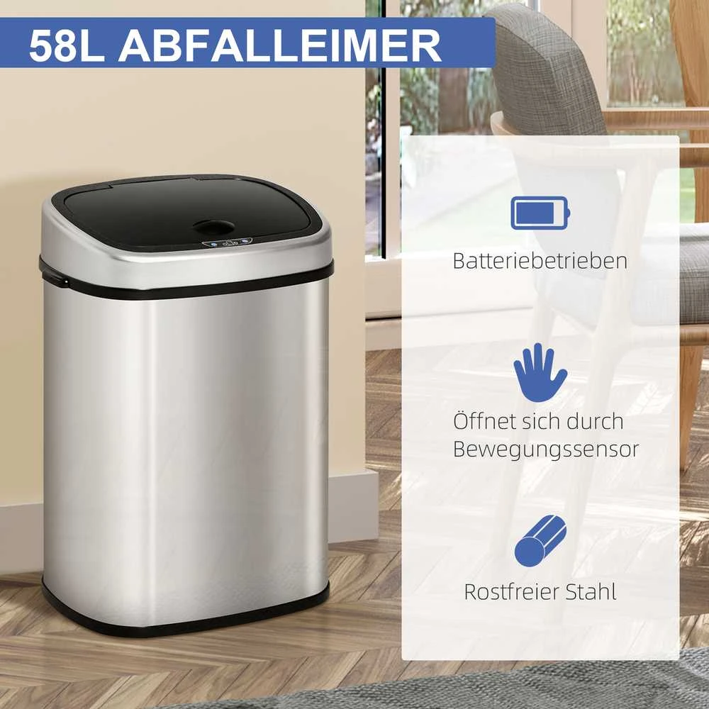 HOMCOM 58L šiukšliadėžė, automatinė su infraraudonųjų spindulių jutikliu, higieniška, didelė, nerūdijantis plienas, sidabrinė, I40,9xP28,9xA68 cm