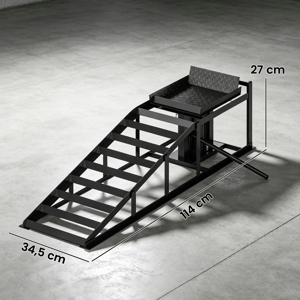 Automobilinės užvažiavimo rampos su hidrauliniais keltuvais, juodos, 114 × 34,5 × 23–32,5 cm, 2 vnt.