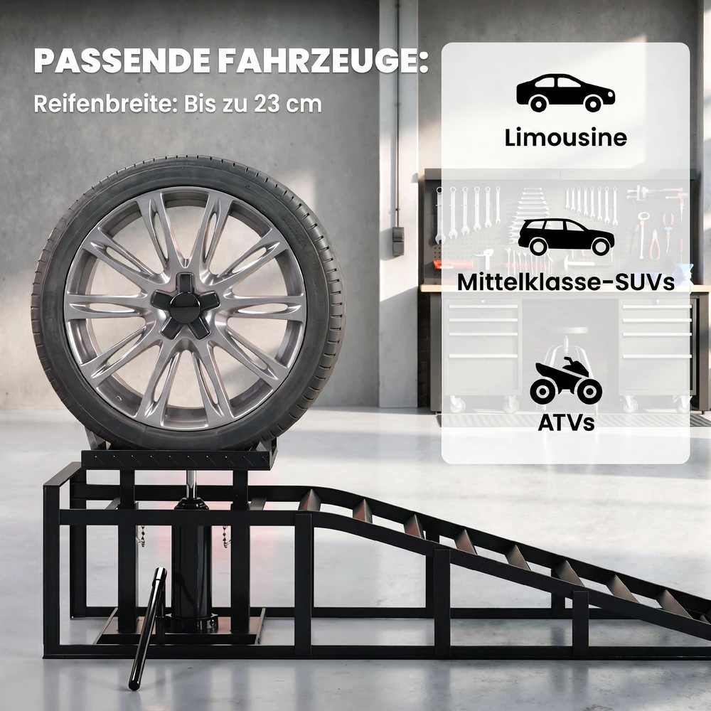 Automobilinės užvažiavimo rampos su hidrauliniais keltuvais, juodos, 114 × 34,5 × 23–32,5 cm, 2 vnt.