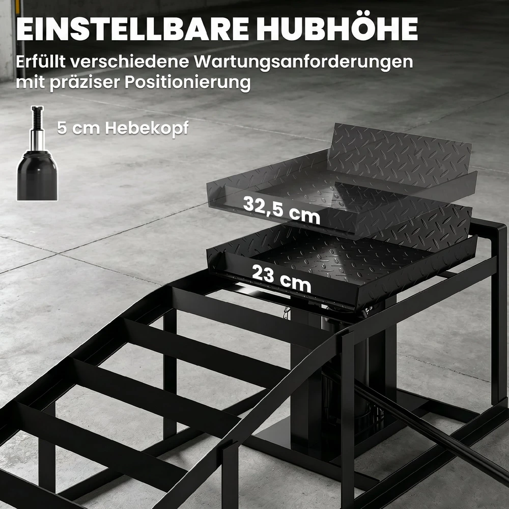 Automobilinės užvažiavimo rampos su hidrauliniais keltuvais, juodos, 114 × 34,5 × 23–32,5 cm, 2 vnt.