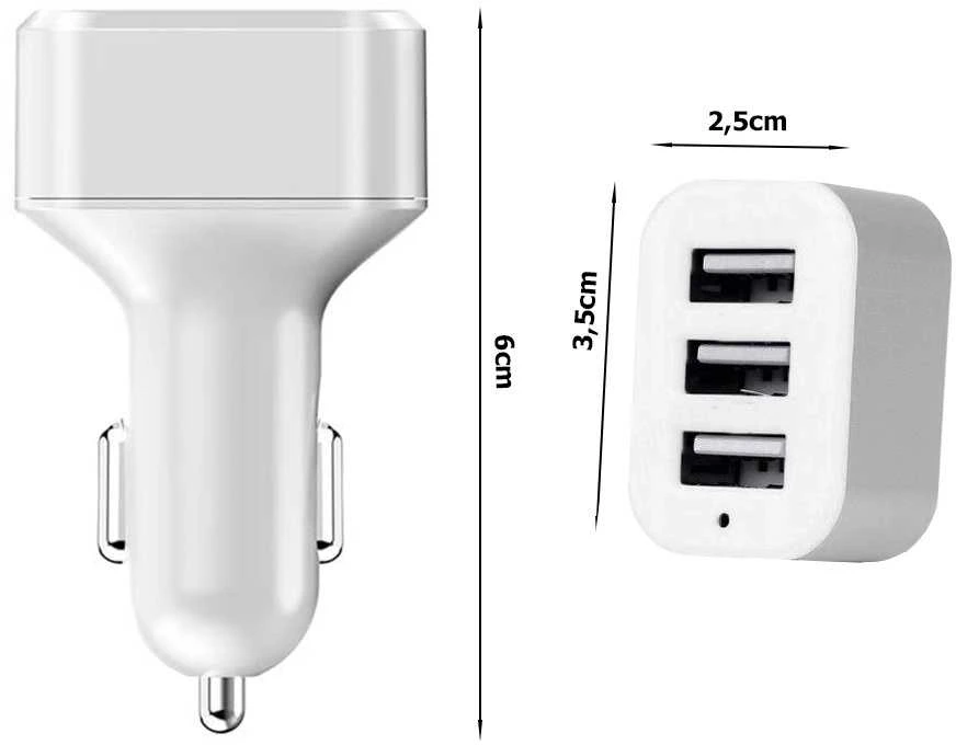 Automobilinis įkroviklis 3xUSB, baltai sidabrinis