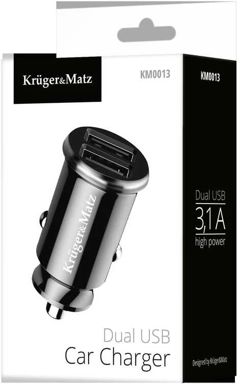 Kruger & Matz dvigubas USB 3100 mA automobilinis įkroviklis su Quick Charge 3.0 funkcija