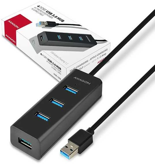 AXAGON HUE-S2BL 4x USB3.0 įkrovimo šakotuvas 1,2 m laidas, MicroUSB įkrovimas