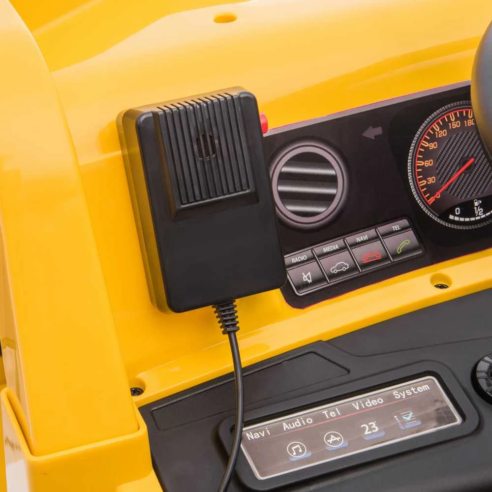 AIYAPLAY vaikiškas elektrinis traktorius 12V, sėdimas traktorius su 2,4 GHz nuotolinio valdymo pulteliu, kaušu, kastuvu, elektromobilis su muzika, garsiakalbiais, žibintais, 3-5 km/h, 3-6 metų vaikams, geltonas