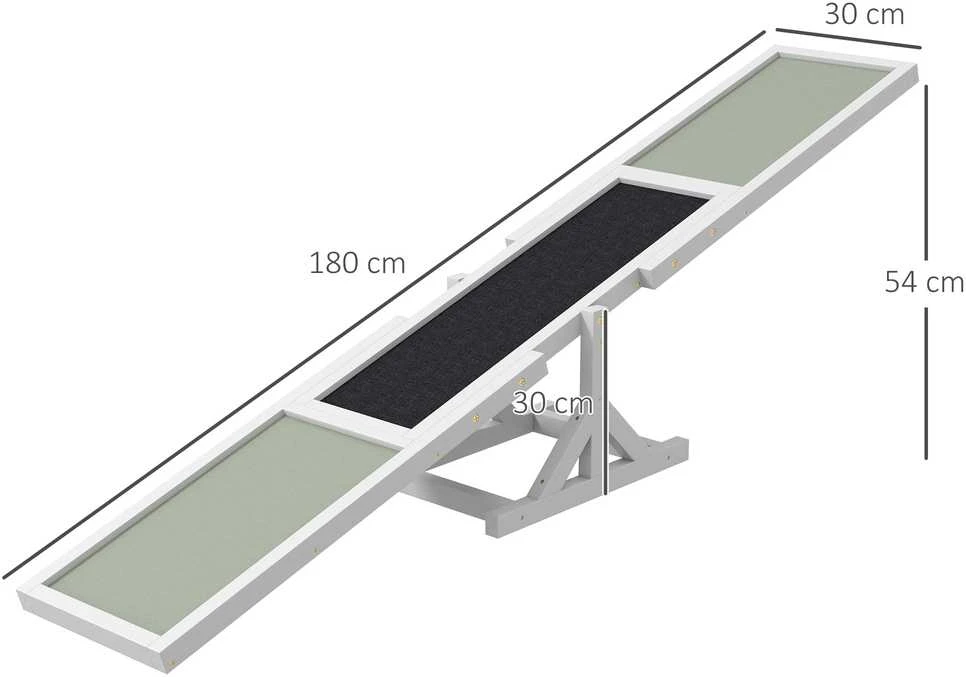 PawHut šunų sūpuoklės, medinės šunų „Agility“ sūpuoklės, neslidus šunų „Agility“ rampų treniruoklis šunims iki 30 kg, pusiausvyrai lavinti, 180 x 30 x 30 cm, baltos spalvos
