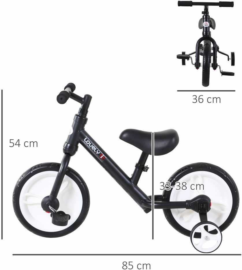 HOMCOM vaikiškas balansinis dviratukas su mokomaisiais ratukais, pedalais, reguliuojamo aukščio sėdynė, skirtas 2-5 metų vaikams, PP, juodas