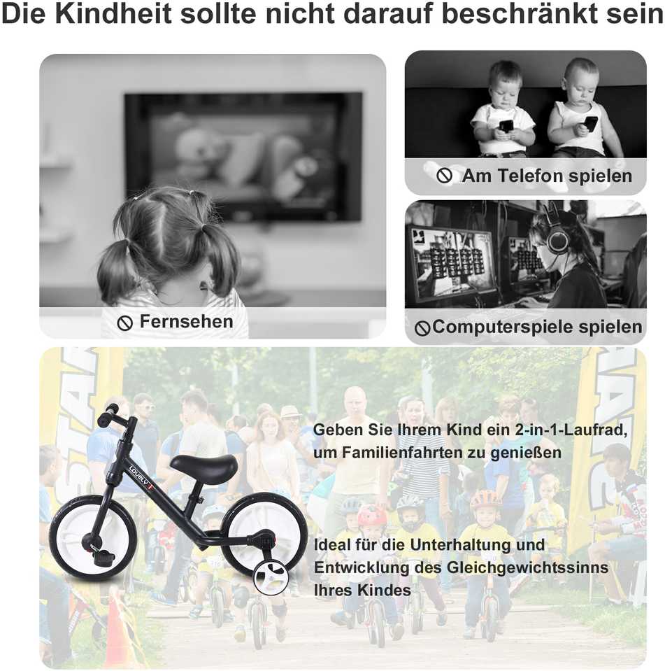 HOMCOM vaikiškas balansinis dviratukas su mokomaisiais ratukais, pedalais, reguliuojamo aukščio sėdynė, skirtas 2-5 metų vaikams, PP, juodas