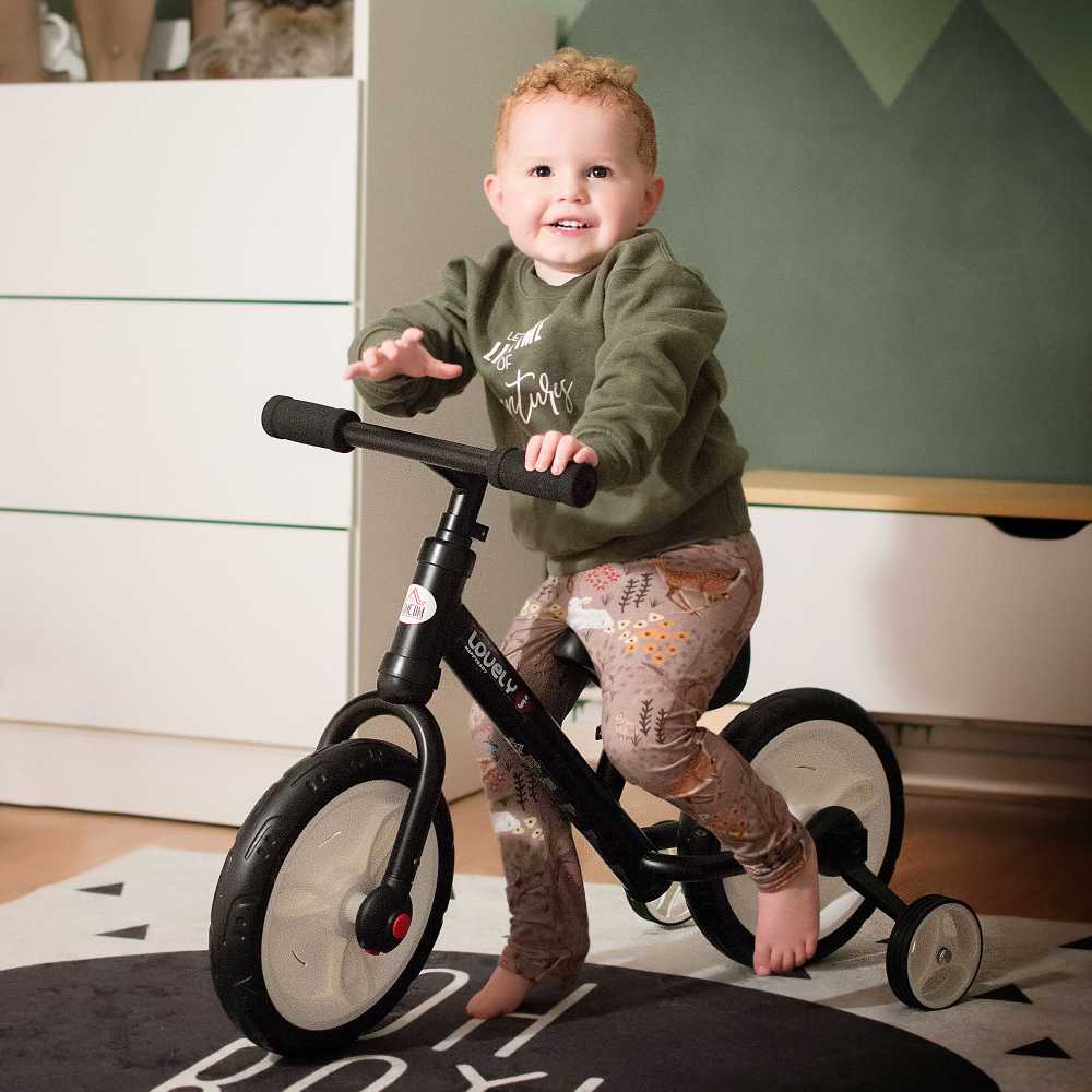 HOMCOM vaikiškas balansinis dviratukas su mokomaisiais ratukais, pedalais, reguliuojamo aukščio sėdynė, skirtas 2-5 metų vaikams, PP, juodas