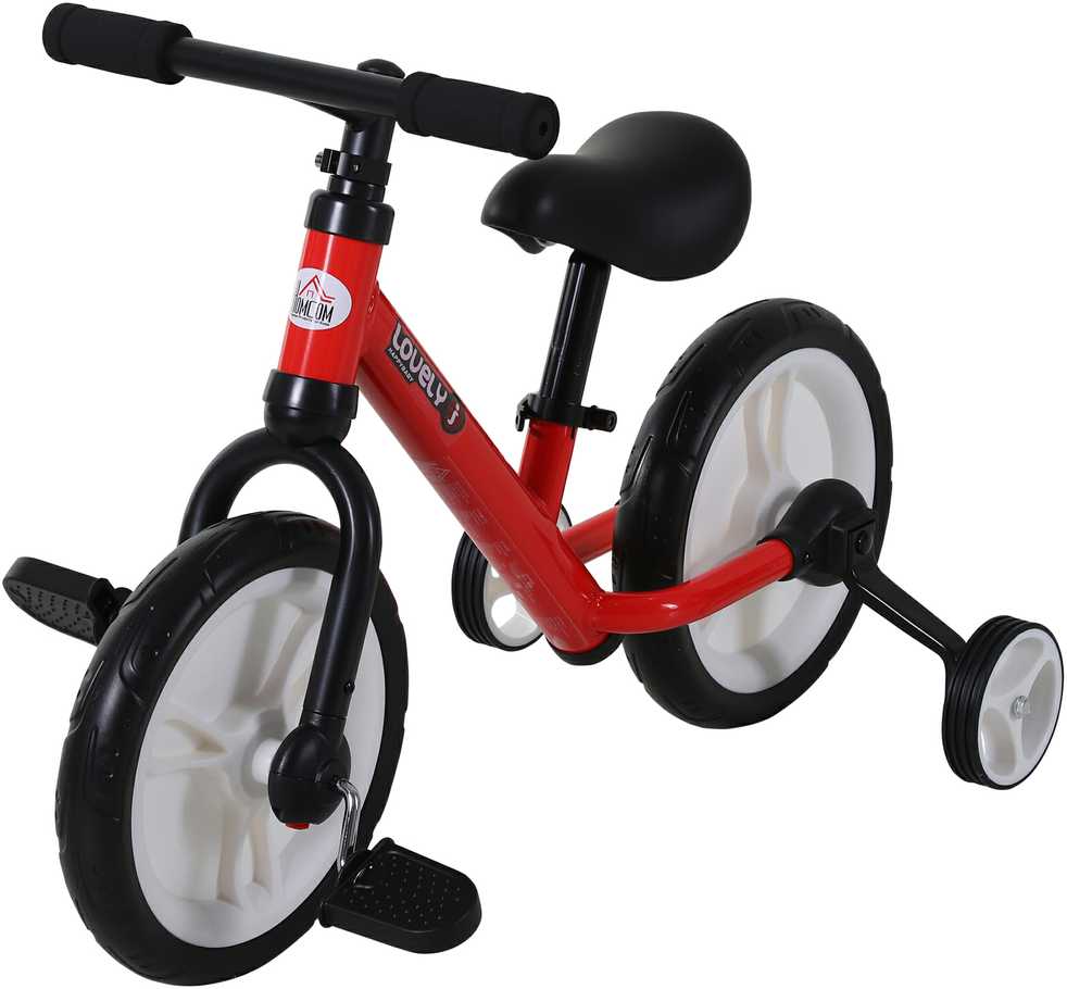 HOMCOM vaikiškas balansinis dviratukas su pagalbiniais ratukais ir pedalais, 2-5 metai, reguliuojamas sėdynės aukštis, PP, raudonas