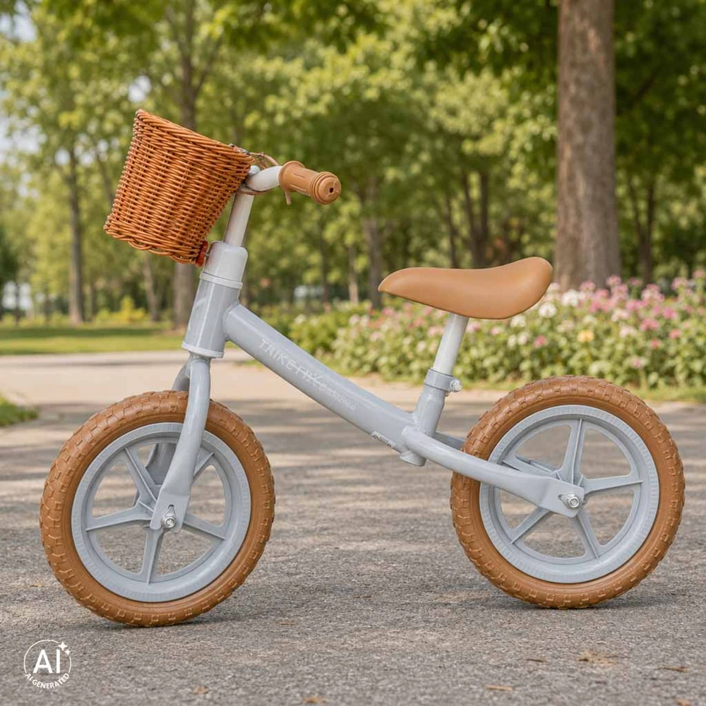 Balansinis dviratukas su krepšeliu ir reguliuojamu balneliu, rudas, 78 cm
