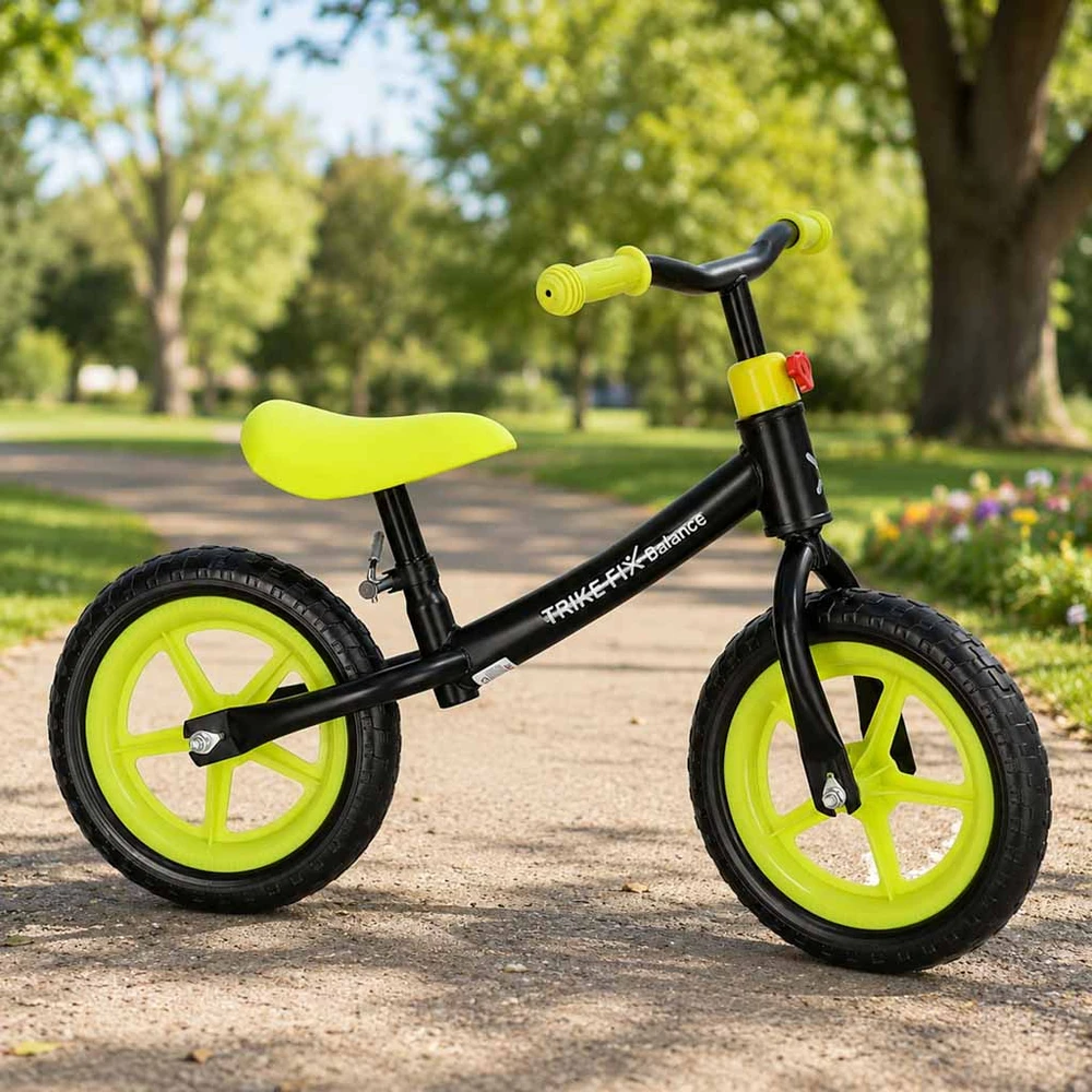 Balansinis dviratukas su reguliuojamu vairu ir balneliu, juodas ir neoninės geltonos spalvos, 78 cm ilgio