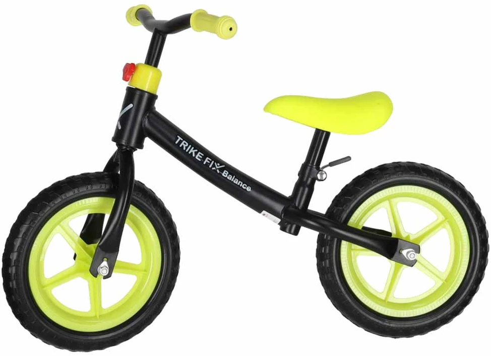 Balansinis dviratukas su reguliuojamu vairu ir balneliu, juodas ir neoninės geltonos spalvos, 78 cm ilgio