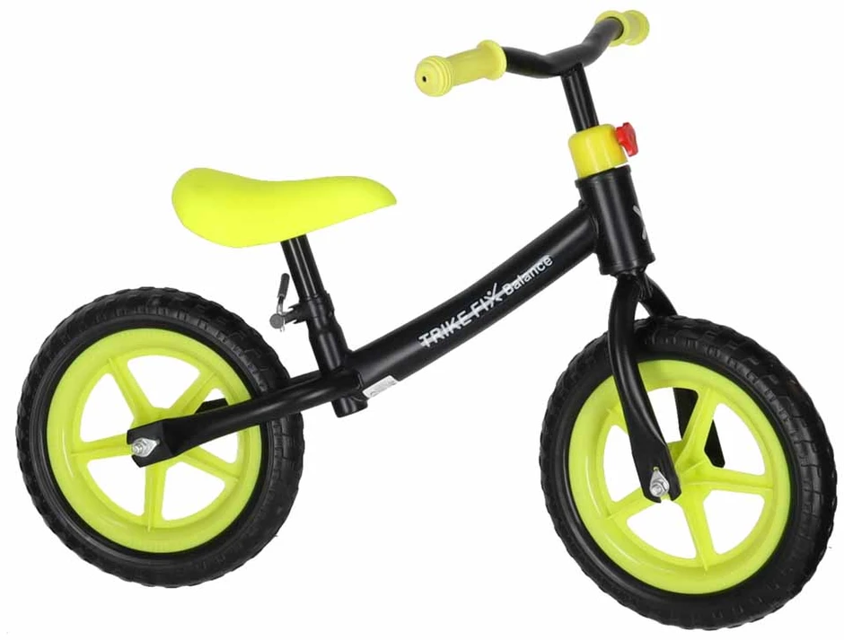 Balansinis dviratukas su reguliuojamu vairu ir balneliu, juodas ir neoninės geltonos spalvos, 78 cm ilgio