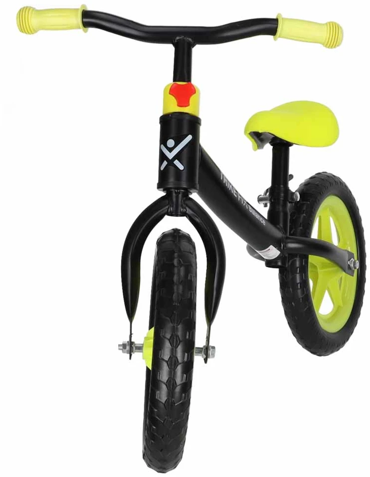 Balansinis dviratukas su reguliuojamu vairu ir balneliu, juodas ir neoninės geltonos spalvos, 78 cm ilgio