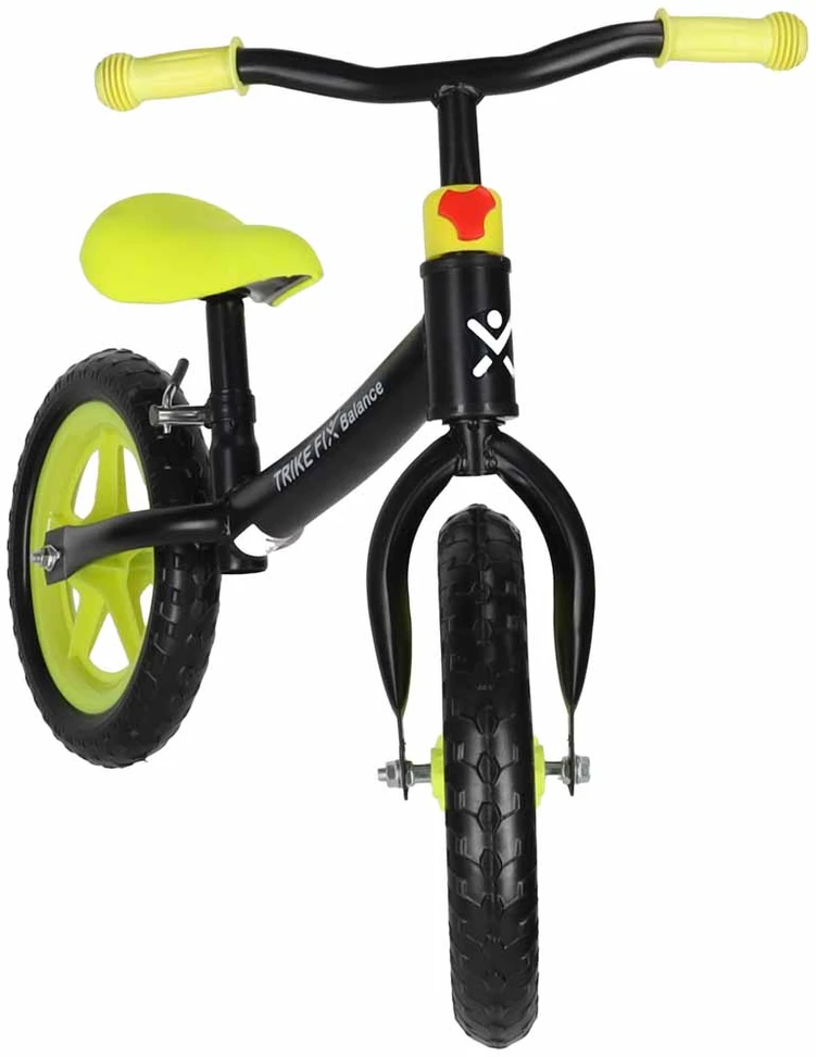 Balansinis dviratukas su reguliuojamu vairu ir balneliu, juodas ir neoninės geltonos spalvos, 78 cm ilgio