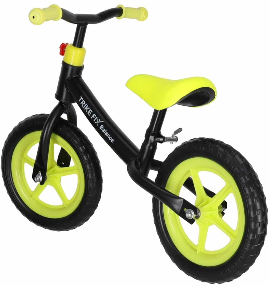 Balansinis dviratukas su reguliuojamu vairu ir balneliu, juodas ir neoninės geltonos spalvos, 78 cm ilgio