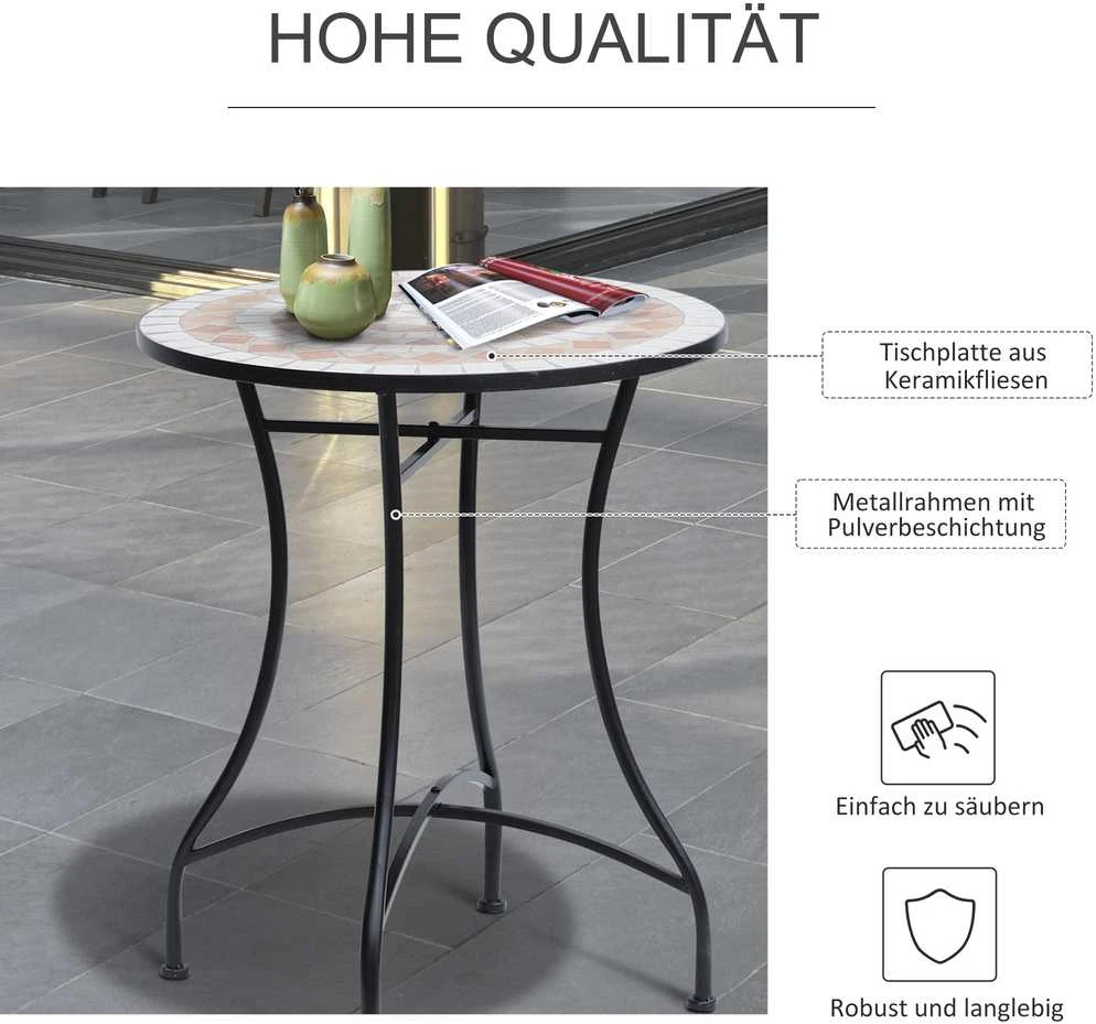 Outsunny sodo stalas, mozaikinis staliukas, balkono staliukas, šoninis staliukas, apvalus plieno ir keraminis staliukas, oranžinis ir baltas, Ø60 x A71 cm