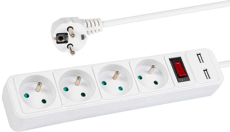 Blow PR-470WSP/USB 4 lizdų maitinimo prailgintuvas + USB su įžeminimu + jungikliu 3 m, baltas, 3x1.5 mm