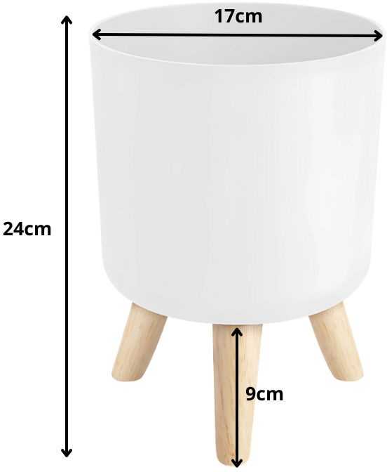 Baltas plastikinis vazonas su medinėmis kojelėmis 24 cm