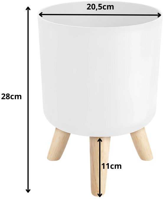 Baltas stovintis gėlių vazonas su medinėmis kojelėmis, 28 cm