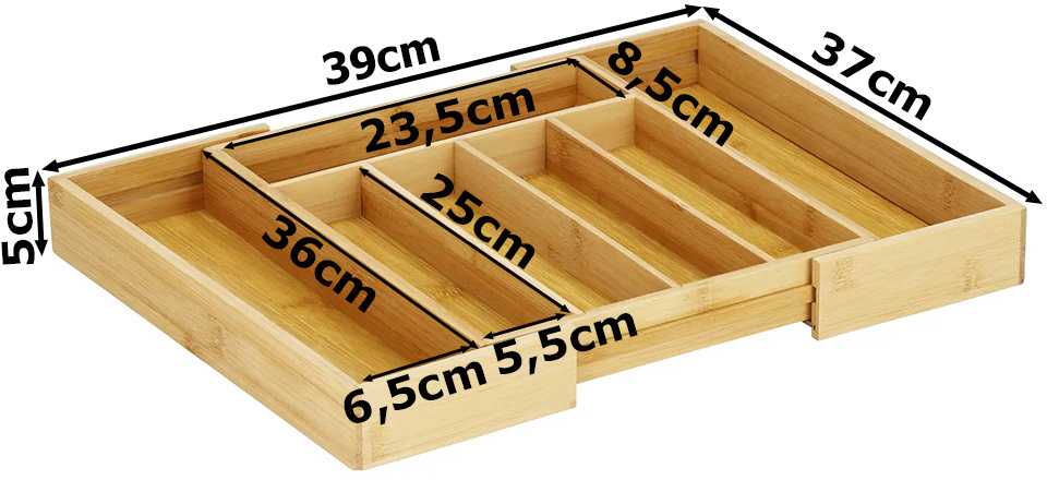 Bambukinis stalo įrankių dėklas su 7 skyreliais, 39 cm