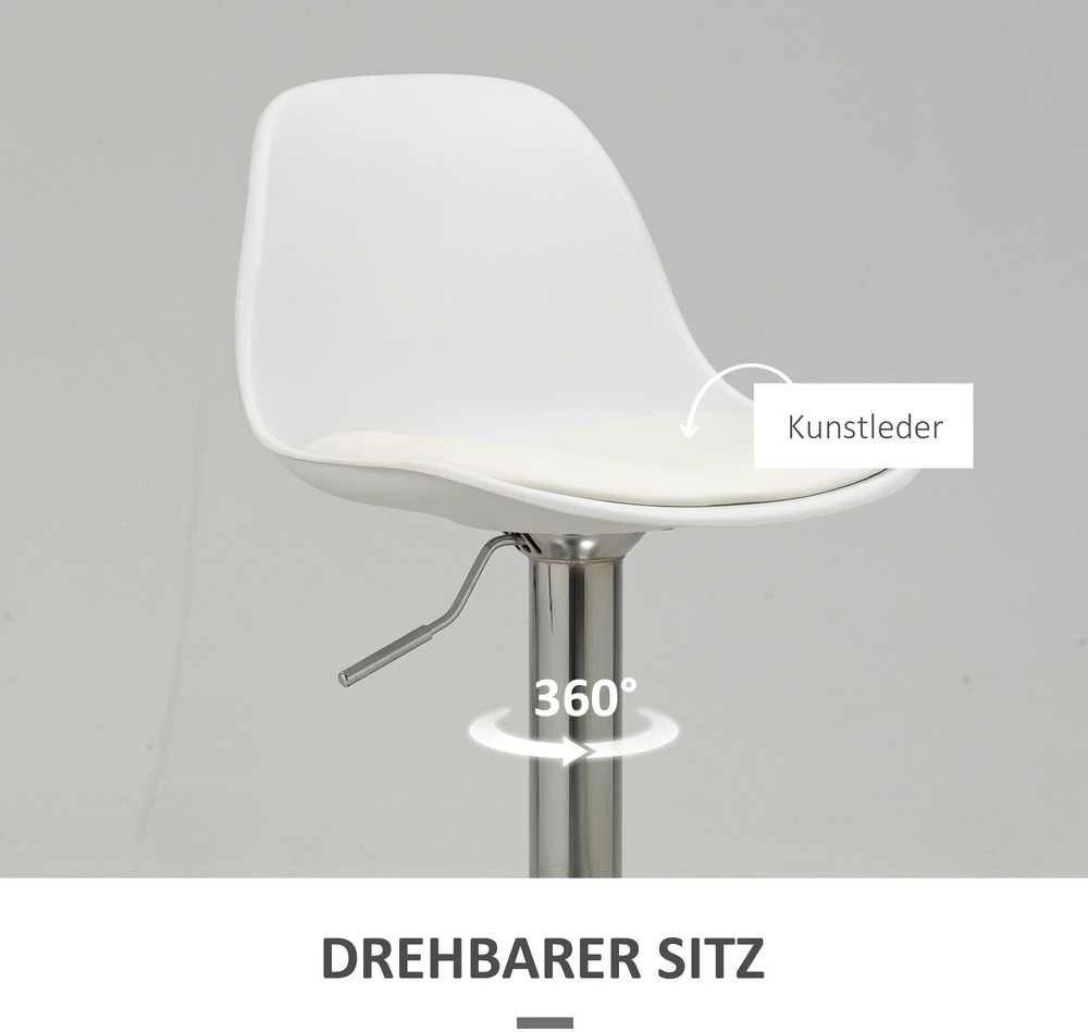 HOMCOM 2 baro kėdžių komplektas, su atlošu, modernaus dizaino, reguliuojamo aukščio, barui, balta spalva, dirbtinė oda, plienas, iki 120 kg, 40x42x82-104 cm
