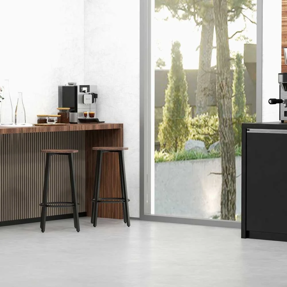 HOMCOM baro kėdės, 2 baro kėdžių rinkinys su atrama kojoms, baro kėdės su plieniniu rėmu, industrinio dizaino baro kėdės, virtuvės kėdės, rustiškai ruda