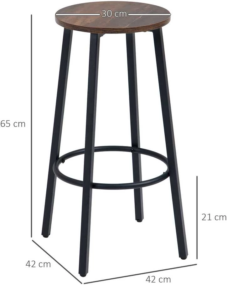 HOMCOM baro kėdės, 2 baro kėdžių rinkinys su atrama kojoms, baro kėdės su plieniniu rėmu, industrinio dizaino baro kėdės, virtuvės kėdės, rustiškai ruda