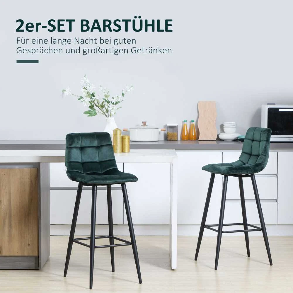 HOMCOM 2 vnt. baro kėdžių komplektas, bistro kėdės su kojų atrama, baro kėdė, aksominis apmušalas, virtuvės kėdė, stalviršio kėdžių komplektas su plieninėmis kojomis svetainei, valgomajam, žalia, 42 x 47 x 105 cm