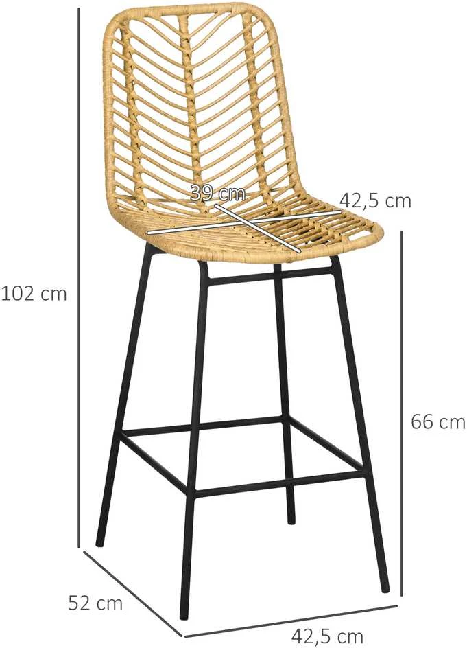 HOMCOM baro kėdės, 2 vnt., pintos išvaizdos baro kėdė, pusbario kėdė su atlošu, boho stiliaus virtuvės kėdė, baro kėdės, virtuvė, plienas, geltona