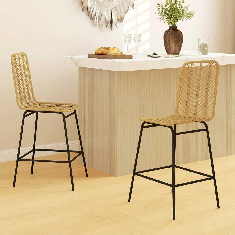 HOMCOM baro kėdės, 2 vnt., pintos išvaizdos baro kėdė, pusbario kėdė su atlošu, boho stiliaus virtuvės kėdė, baro kėdės, virtuvė, plienas, geltona