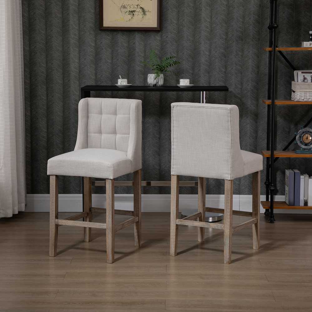 Homcom Baro kėdės, 2 vnt. Modernios virtuvės kėdės, žemas atlošas, su lino prisilietimu, kaučiukmedis, smėlio spalvos, 47x50x101cm