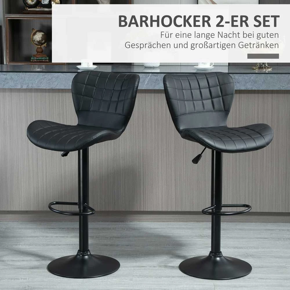 HOMCOM baro kėdės, 2 vnt. komplektas, baro kėdė, kėdė prekystaliui, bistro kėdė, virtuvės kėdė, pasukama kėdė, su atlošu, PU apmušalai, juodos spalvos