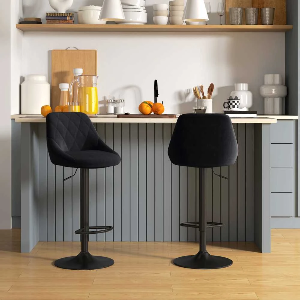 HOMCOM baro kėdžių komplektas, 2 vnt., reguliuojamo aukščio, juodos spalvos, bistro kėdės, su atrama kojoms ir nugarai, aksominės, metalinės, 46x48x83-104 cm
