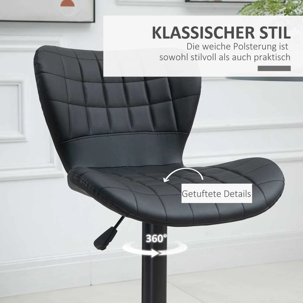 HOMCOM baro kėdės, 2 vnt. komplektas, baro kėdė, kėdė prekystaliui, bistro kėdė, virtuvės kėdė, pasukama kėdė, su atlošu, PU apmušalai, juodos spalvos