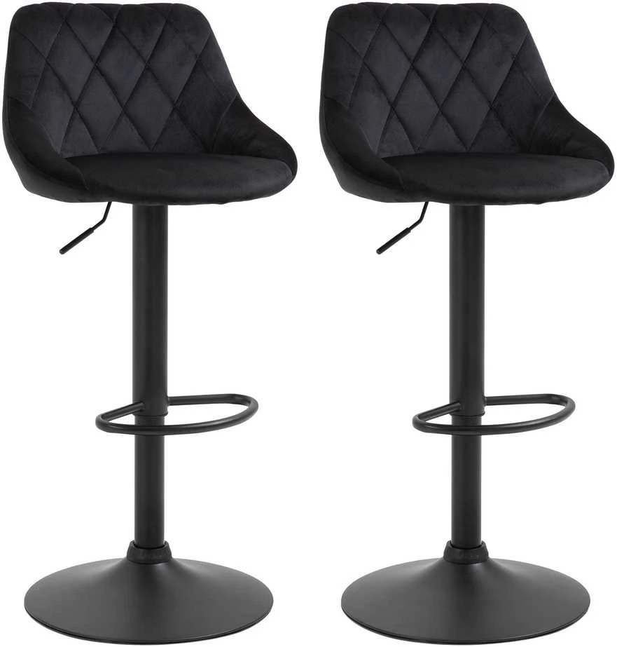HOMCOM baro kėdžių komplektas, 2 vnt., reguliuojamo aukščio, juodos spalvos, bistro kėdės, su atrama kojoms ir nugarai, aksominės, metalinės, 46x48x83-104 cm