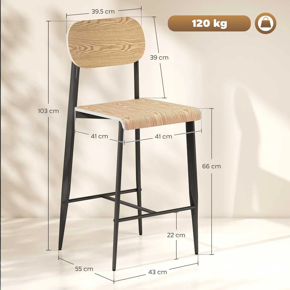 HOMCOM baro kėdžių komplektas (2 vnt.), baro kėdė su kojų atrama, metalinis rėmas, virtuvės kėdė, sėdynės aukštis 66 cm, prekystalio kėdė, lengvas surinkimas, industrinio stiliaus natūralus medis + juoda