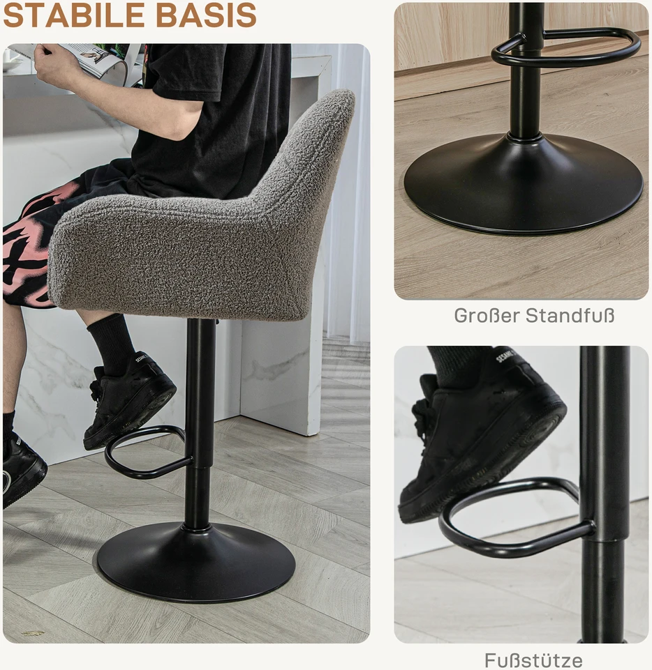 HOMCOM baro kėdės, 2 vnt., retro stiliaus, reguliuojamo aukščio, fliso išvaizdos, pilkos + juodos