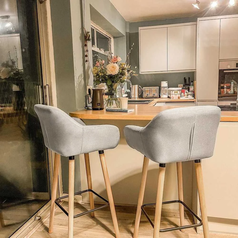 HOMCOM baro kėdės, 2 vnt. rinkinys, patogios lininės baro kėdės su sėdynės pagalvėlėmis, virtuvinės kėdės, bistro kėdės su kojų atramomis, buko medienos kojos, smėlio spalvos