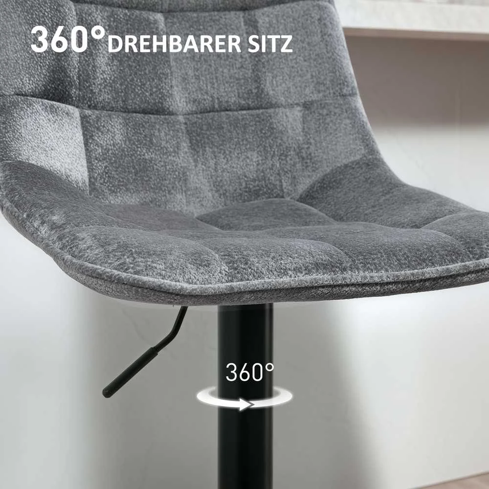HOMCOM baro kėdės, 2 vnt. rinkinys, paminkštinta baro kėdė su atlošu, plieno rėmas, šenilinės tekstūros, reguliuojamo aukščio virtuvės kėdės su kojų atrama, 360° besisukančios, tamsiai pilkos