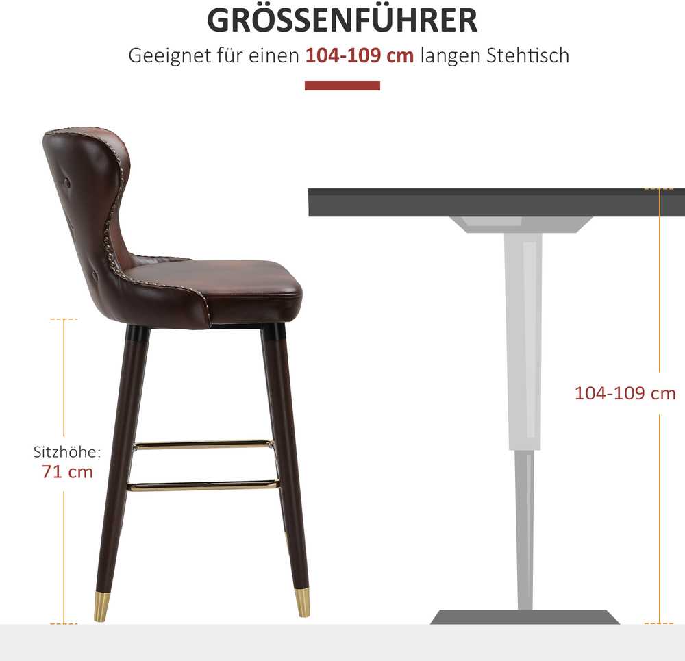 HOMCOM baro kėdžių rinkinys, 2 vnt., elegantiška baro kėdė su kojų atrama ir atlošu, bistro kėdė, valgomojo kėdė, PU oda, ruda, 52x53x101 cm