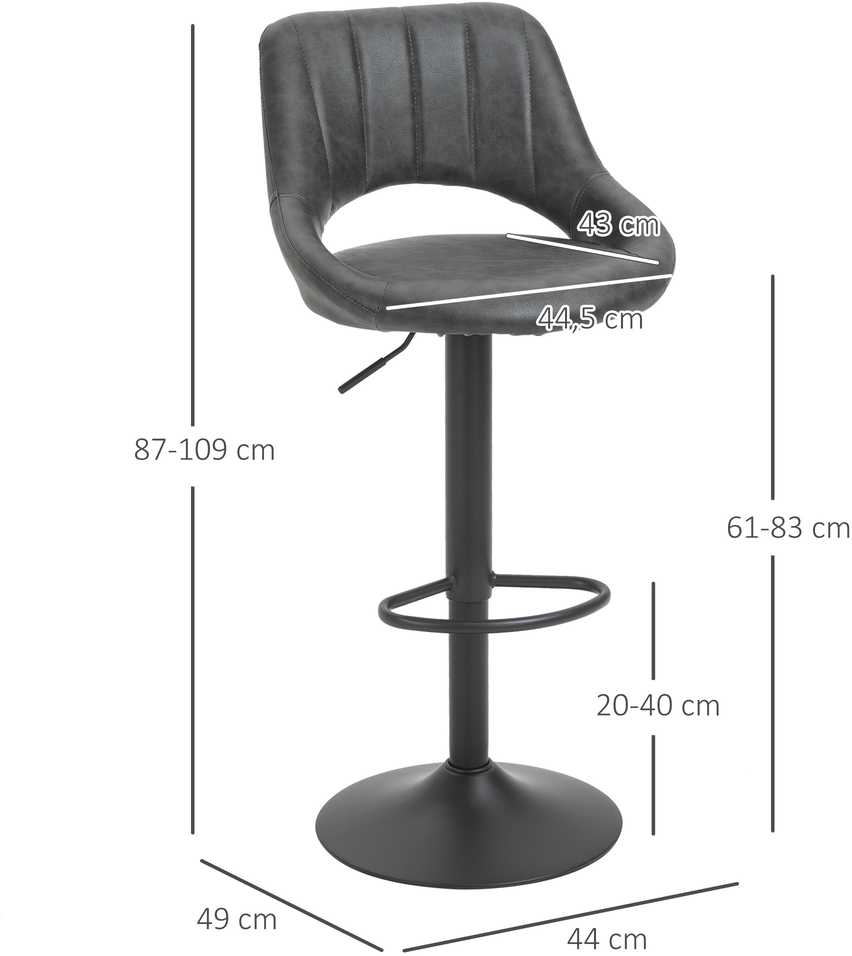HOMCOM Baro kėdžių rinkinys, 2 taburetės, virtuvės kėdės, odos išvaizdos, pasukamos, reguliuojamo aukščio, su atrama kojoms, metalinis rėmas, 44 x 49 x 90-110 cm, pilkos spalvos