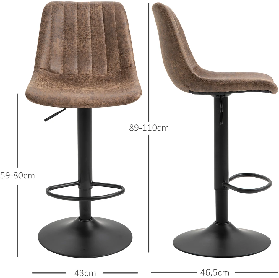 HOMCOM 2 dalių baro kėdžių rinkinys, reguliuojamo aukščio virtuvinės kėdės su kojų atrama, besisukančios, rudos spalvos, 43 x 46,5 x 89–110 cm