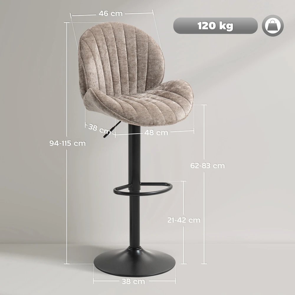 Baro kėdės su reguliuojamu sėdynės aukščiu, 360° pasukamos, rudos ir juodos, 48 x 50 x 94–115 cm, 2 vnt.