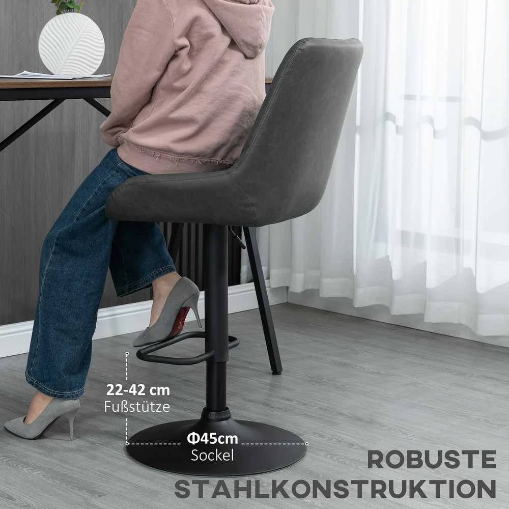 HOMCOM baro kėdžių komplektas (2 vnt.), virtuvės kėdė su atlošu, reguliuojamo aukščio baro kėdė, baro kėdė su kojų atrama, dirbtinė oda, tamsiai pilka