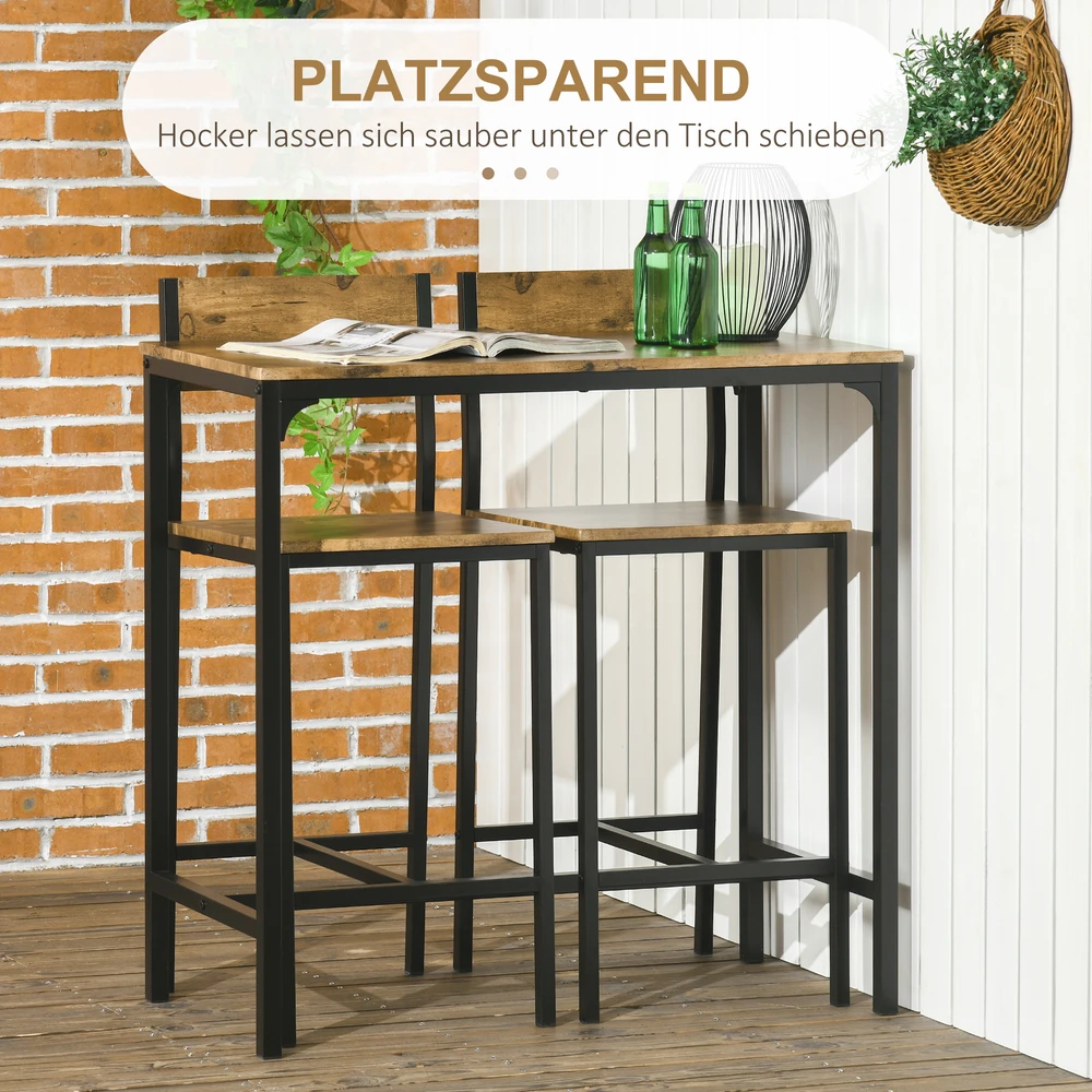HOMCOM 3 dalių baro komplektas, baro stalas, 2 kėdės, MDF, metalinis rėmas, atsparus vandeniui, rudas